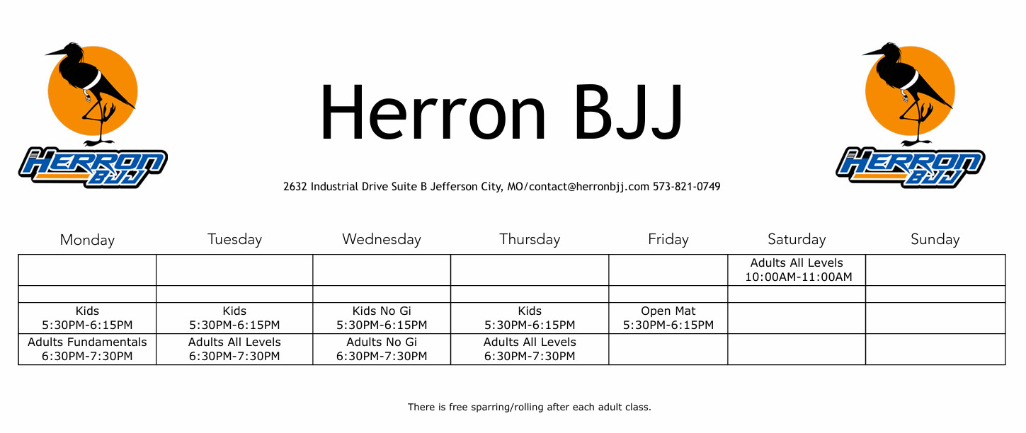 Monday: Adults 5:30AM-6:15AM,Adults 10:30AM-11:30AM Starting first of the year;Tuesday: Adults 7PM-8PM; Wednesday:Adults 10:30AM-11:30AM Starting first of the year, Kids 6PM-6:45PM;Thursday: Women's Self Defense & Jiujitsu: 6PM-7PM, Adults 7PM-8PM; Saturday: Youth 9AM-10AM, Kids 10AM-10:45AM, Adults: 11AM-12PM, Open Mat:12PM-1PM;
